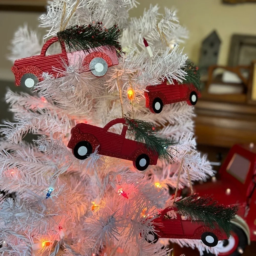 2x Christmas Red Truck Wooden Christmas Ornaments